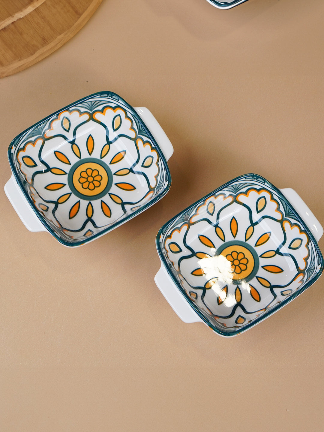 Green & Orange Meadow Square Ceramic Bowls Set of 2