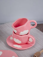 Pink with White Cloud Ceramic Cup and Saucer Set
