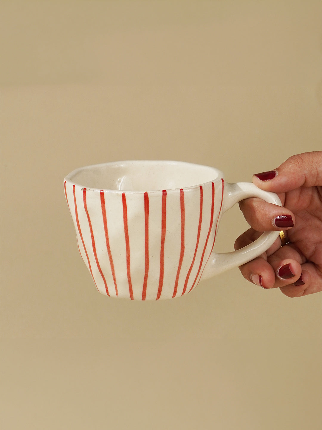 White Ceramic Cup with Hand-Painted Red Stripes