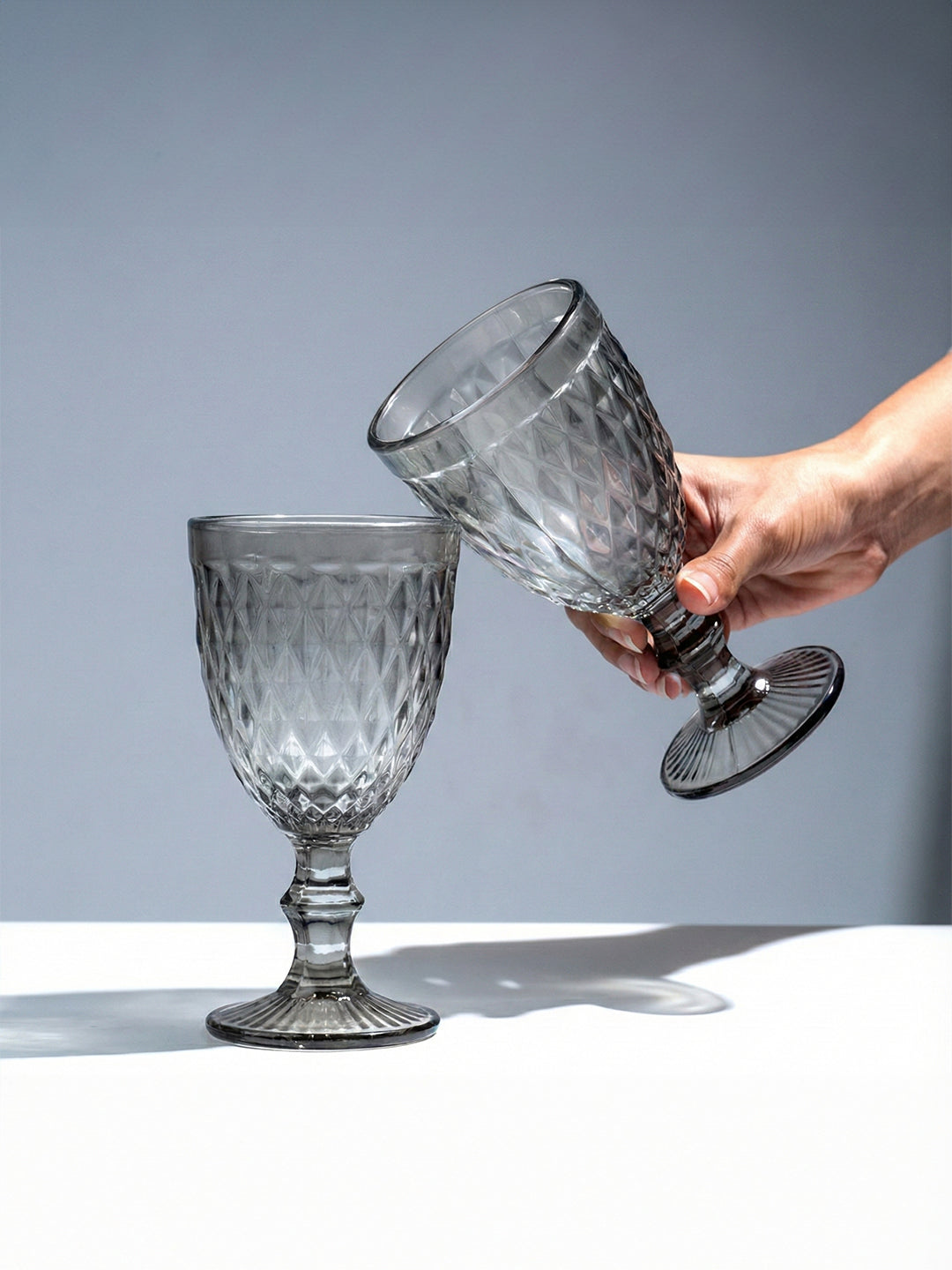 Smoke-Grey Diamond-Cut Goblets - Set of 6