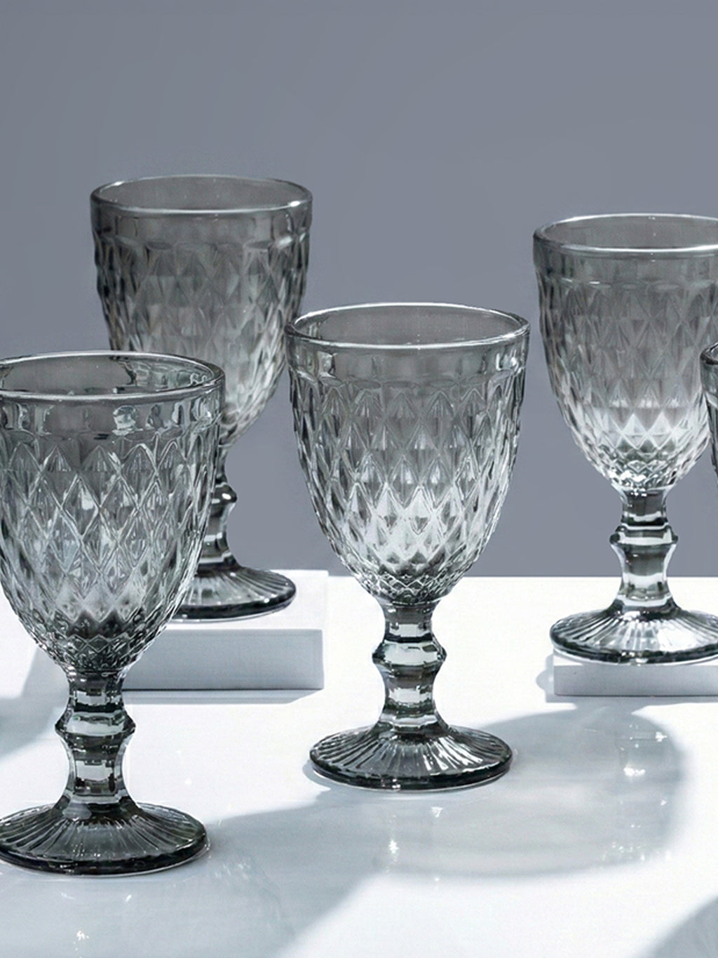 Smoke-Grey Diamond-Cut Goblets - Set of 6