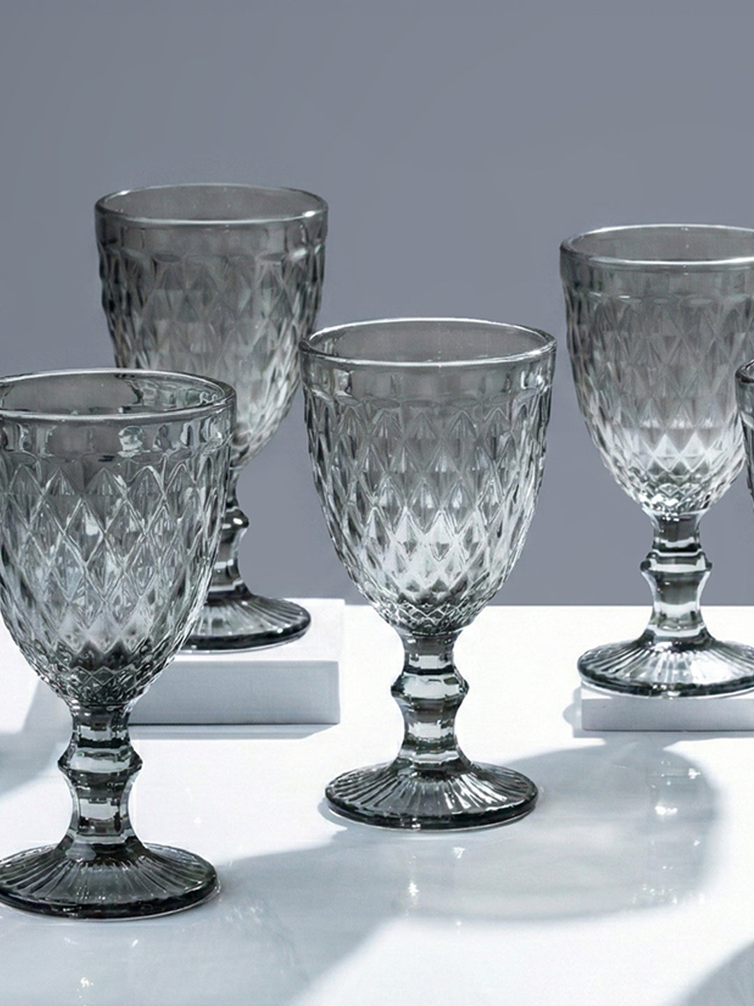 Smoke-Grey Diamond-Cut Goblets - Set of 6