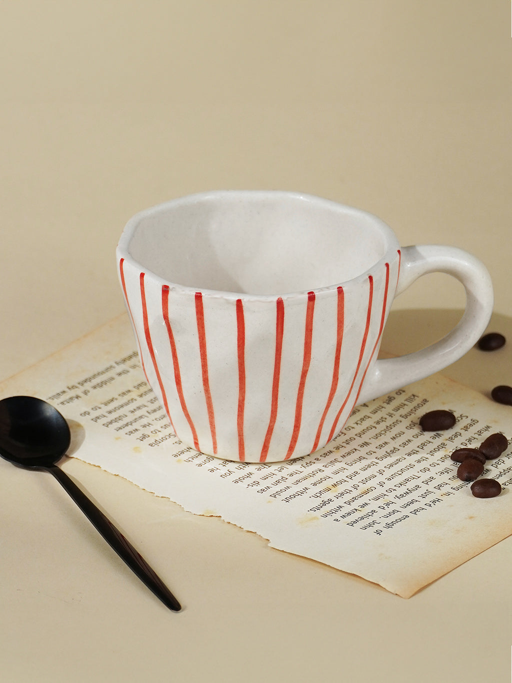 White Ceramic Cup with Hand-Painted Red Stripes