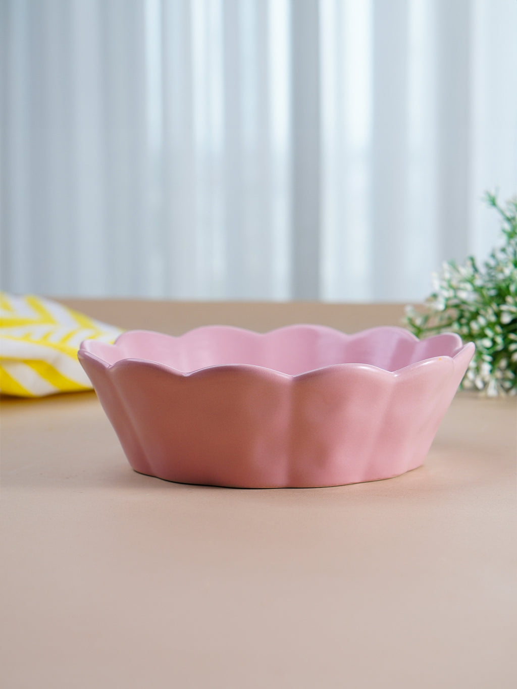 Soft Pink Ceramic Bowl with Scalloped Edges - Large