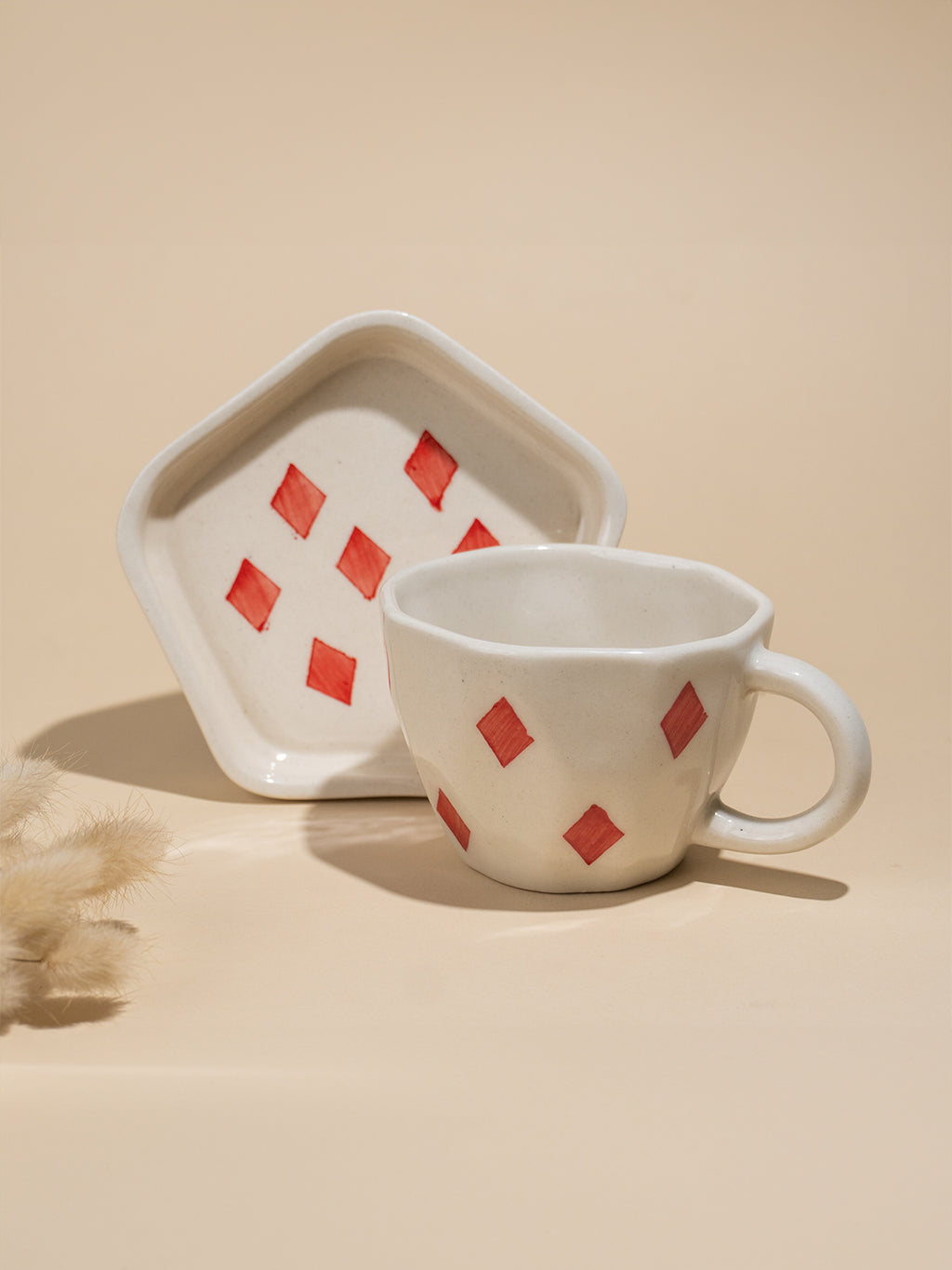 Handcrafted Ceramic Cup and Saucer Set of 4 with Playing Cards Design