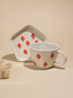 Handcrafted Ceramic Cup and Saucer Set of 4 with Playing Cards Design