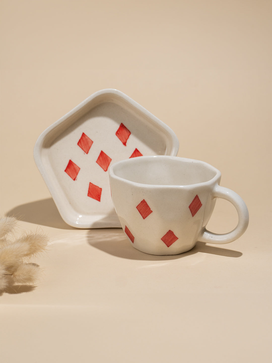 Handcrafted Ceramic Cup and Saucer Set of 4 with Playing Cards Design