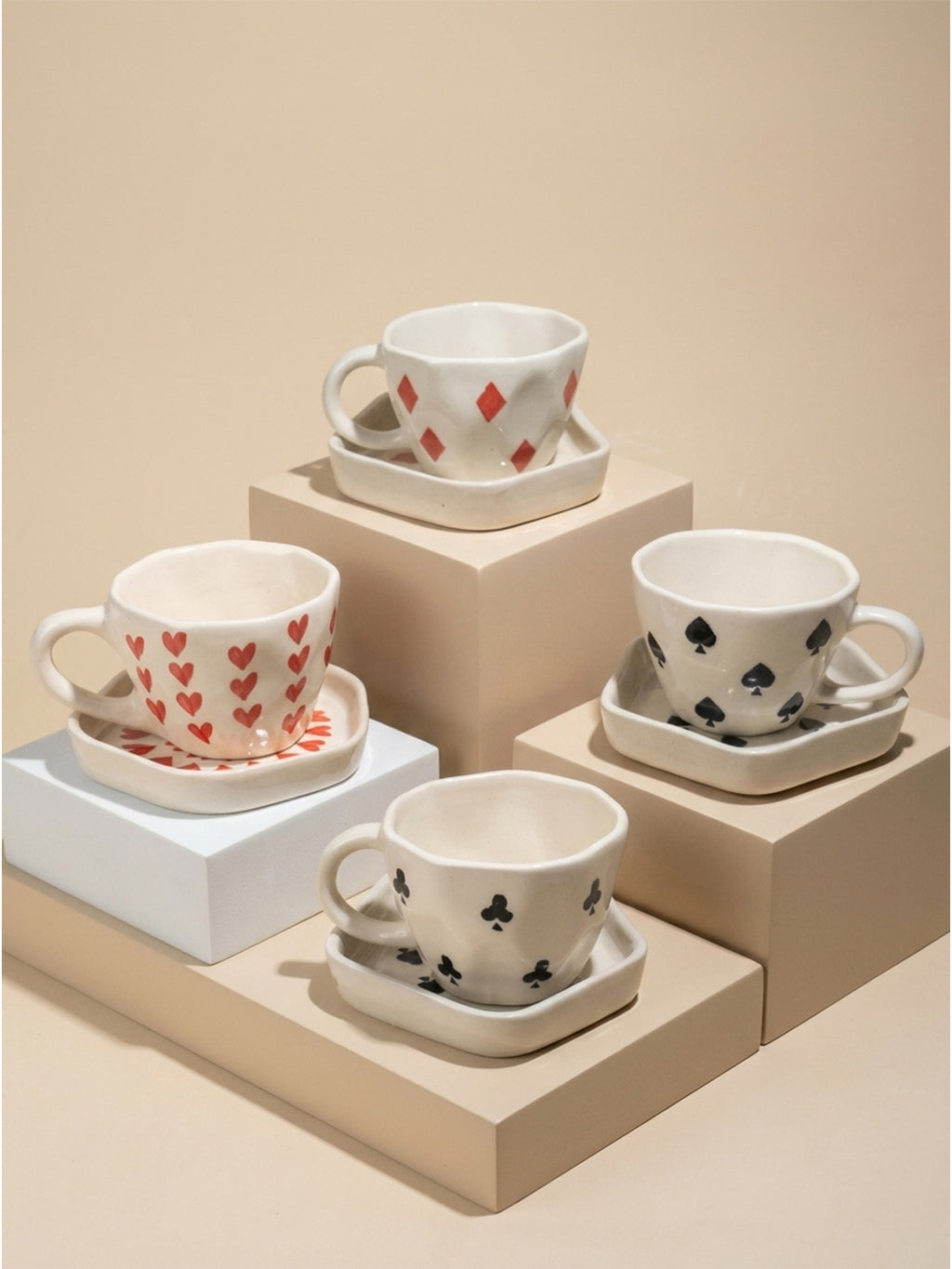 Handcrafted Ceramic Cup and Saucer Set of 4 with Playing Cards Design