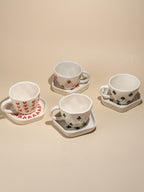 Handcrafted Ceramic Cup and Saucer Set of 4 with Playing Cards Design