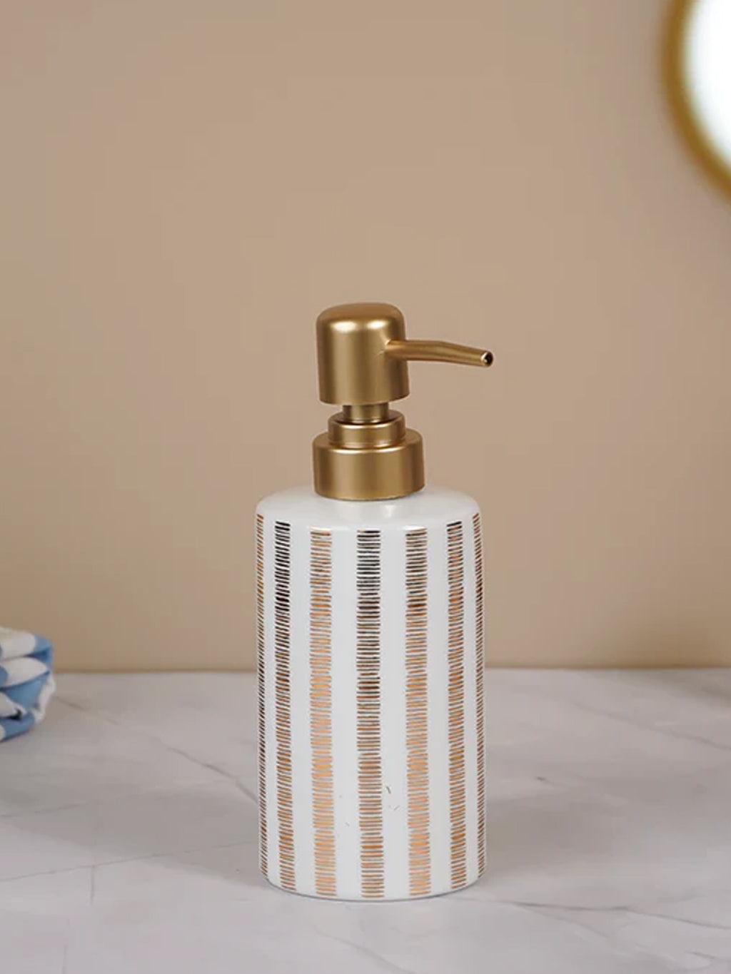Striped White and Gold Bathroom Set – Chic Ceramic Bath Accessories