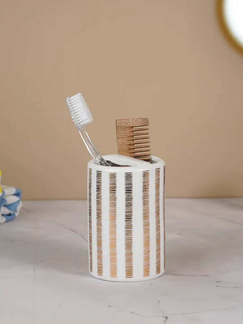 Striped White and Gold Bathroom Set – Chic Ceramic Bath Accessories