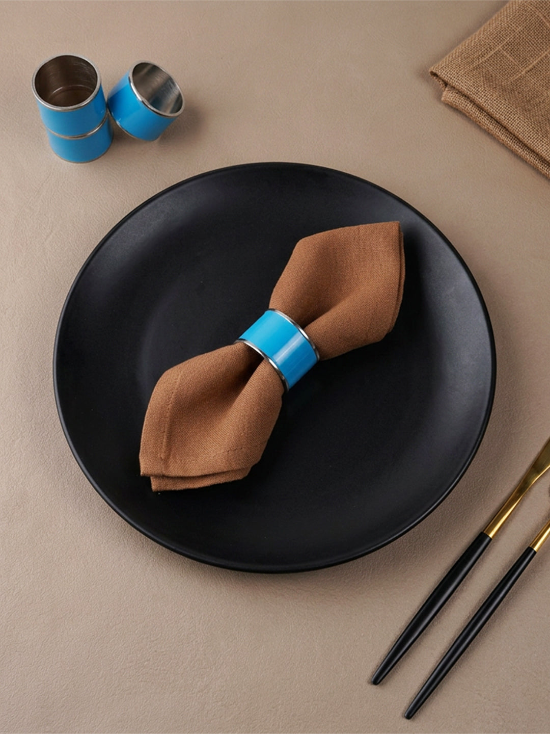 4-Piece Blue Enamel & Stainless Steel Napkin Ring Set