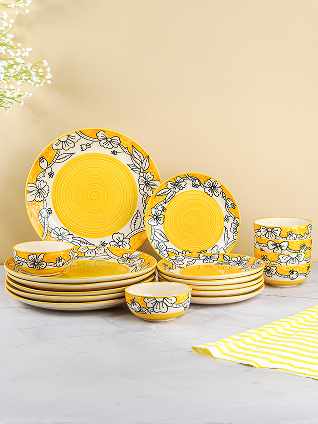 Yellow Ceramic Dinner Set with Black Floral Border - Set of 18 Main image