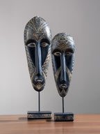 Black & Gold Tribal Mask Sculpture Set on Stand