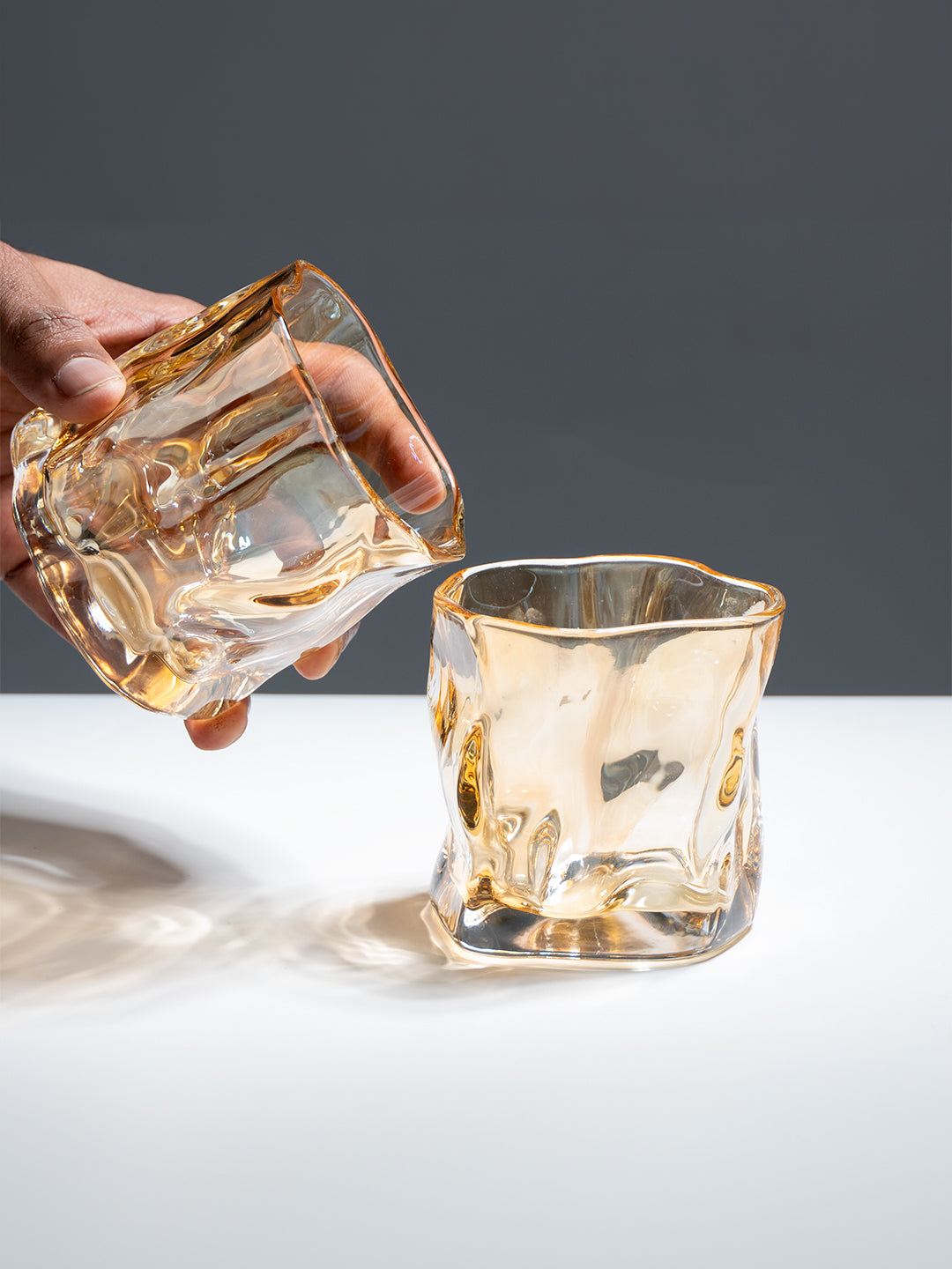 Amber-Colored Sculpted Glasses - Set of 6