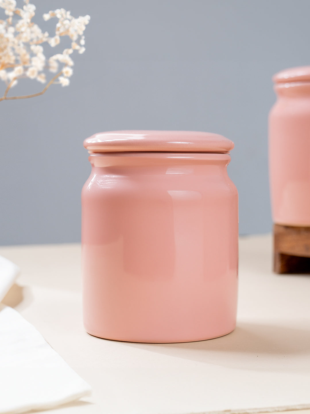 Glazed Pink Ceramic Canisters with Lids - Set of 2 Secondary image