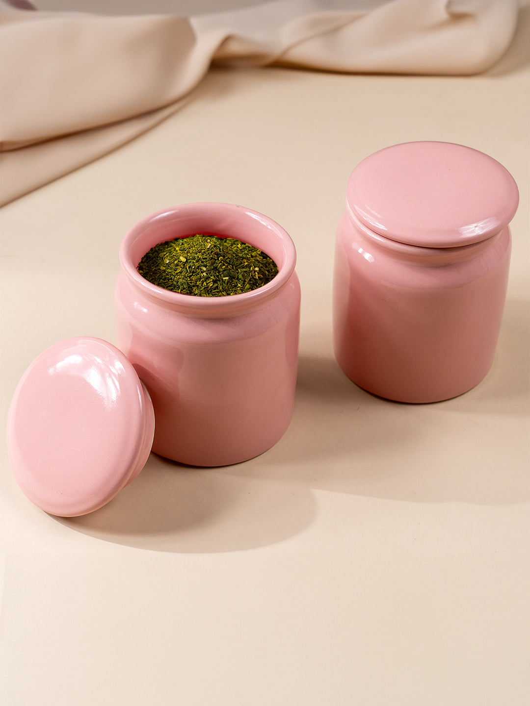 Glazed Pink Ceramic Canisters with Lids - Set of 2
