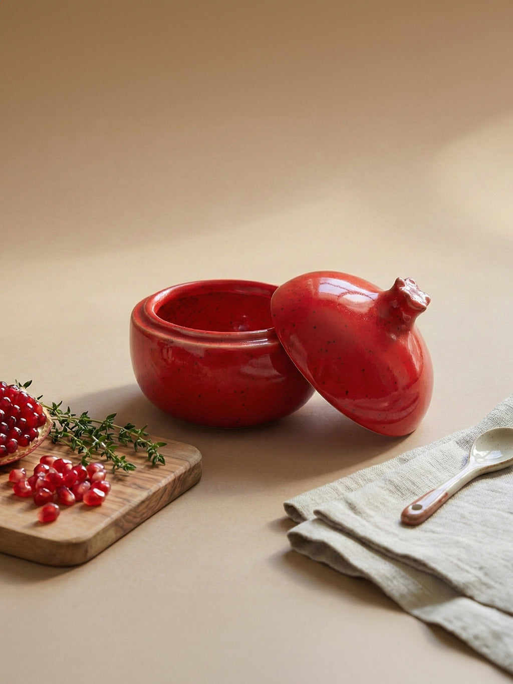 Red Pomegranate Shaped Ceramic Jar with Lid