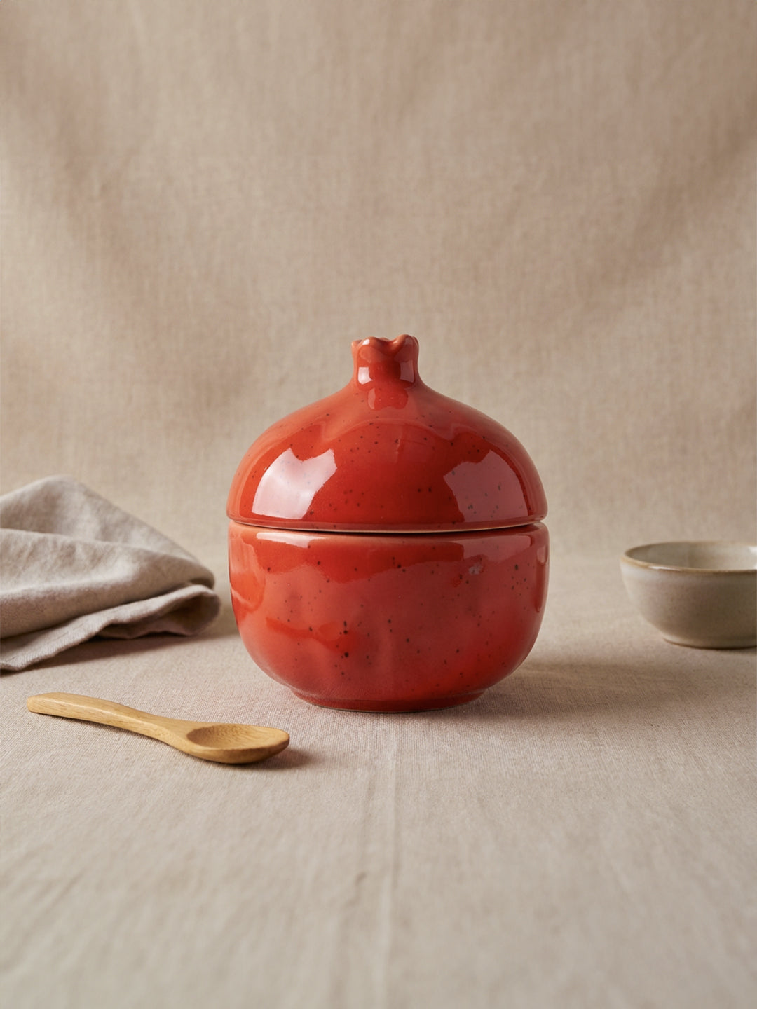 Red Pomegranate Shaped Ceramic Jar with Lid