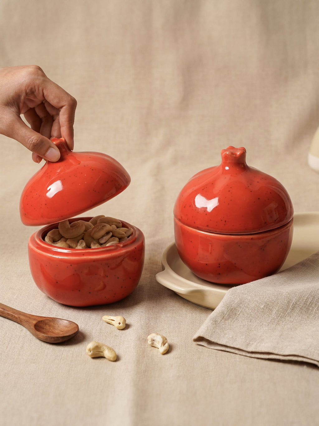 Red Pomegranate Shaped Ceramic Jar with Lid
