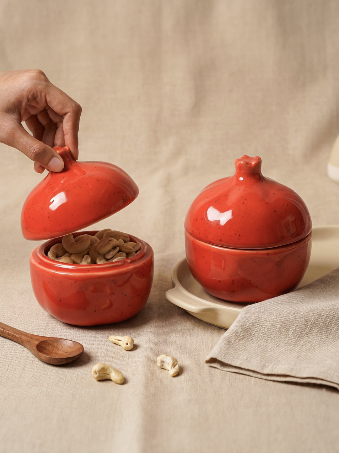 Red Pomegranate Shaped Ceramic Jar with Lid
