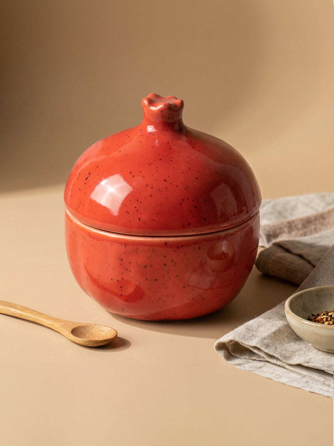 Red Pomegranate Shaped Ceramic Jar with Lid