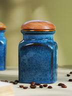 Blue Ceramic Storage Jar Set with Wooden Lid - Set of 2