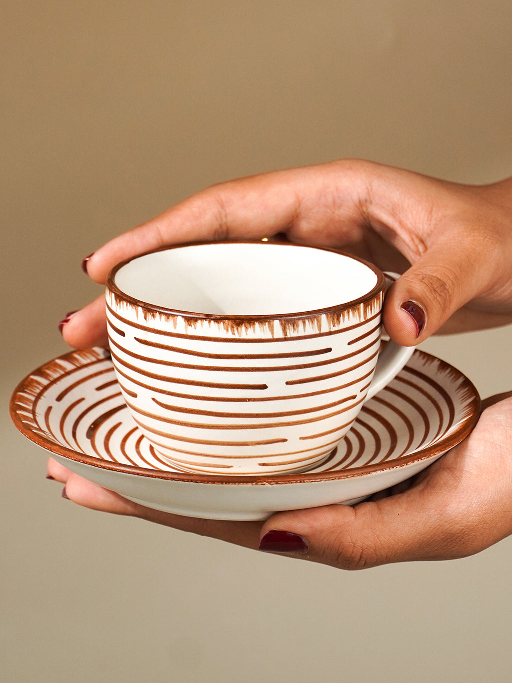White Ceramic with Brown Spiral Cup and Saucer Set