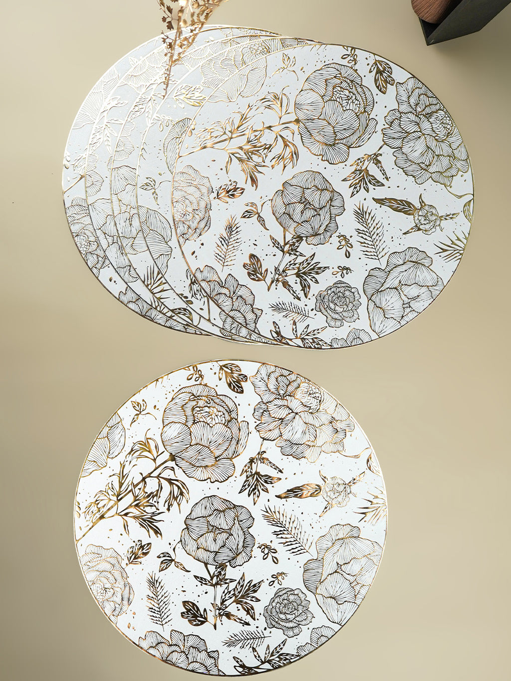 White & Gold Floral Table Mat with Botanical Illustration