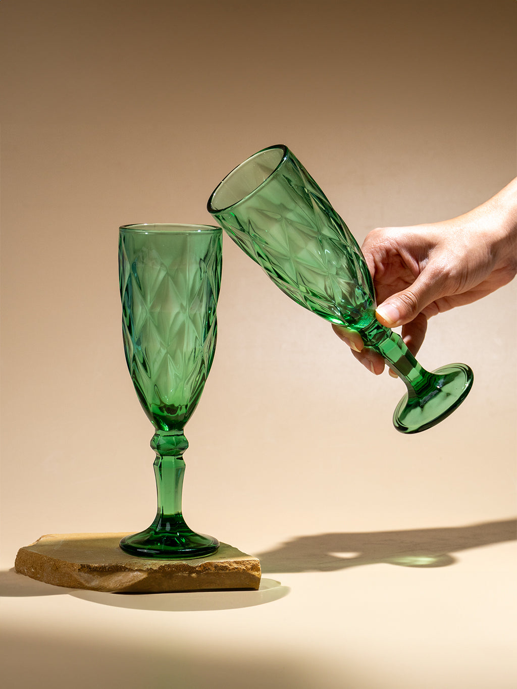 Emerald Green Diamond-Cut Glass Goblet - Set of 6