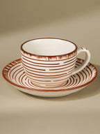 White Ceramic with Brown Spiral Cup and Saucer Set