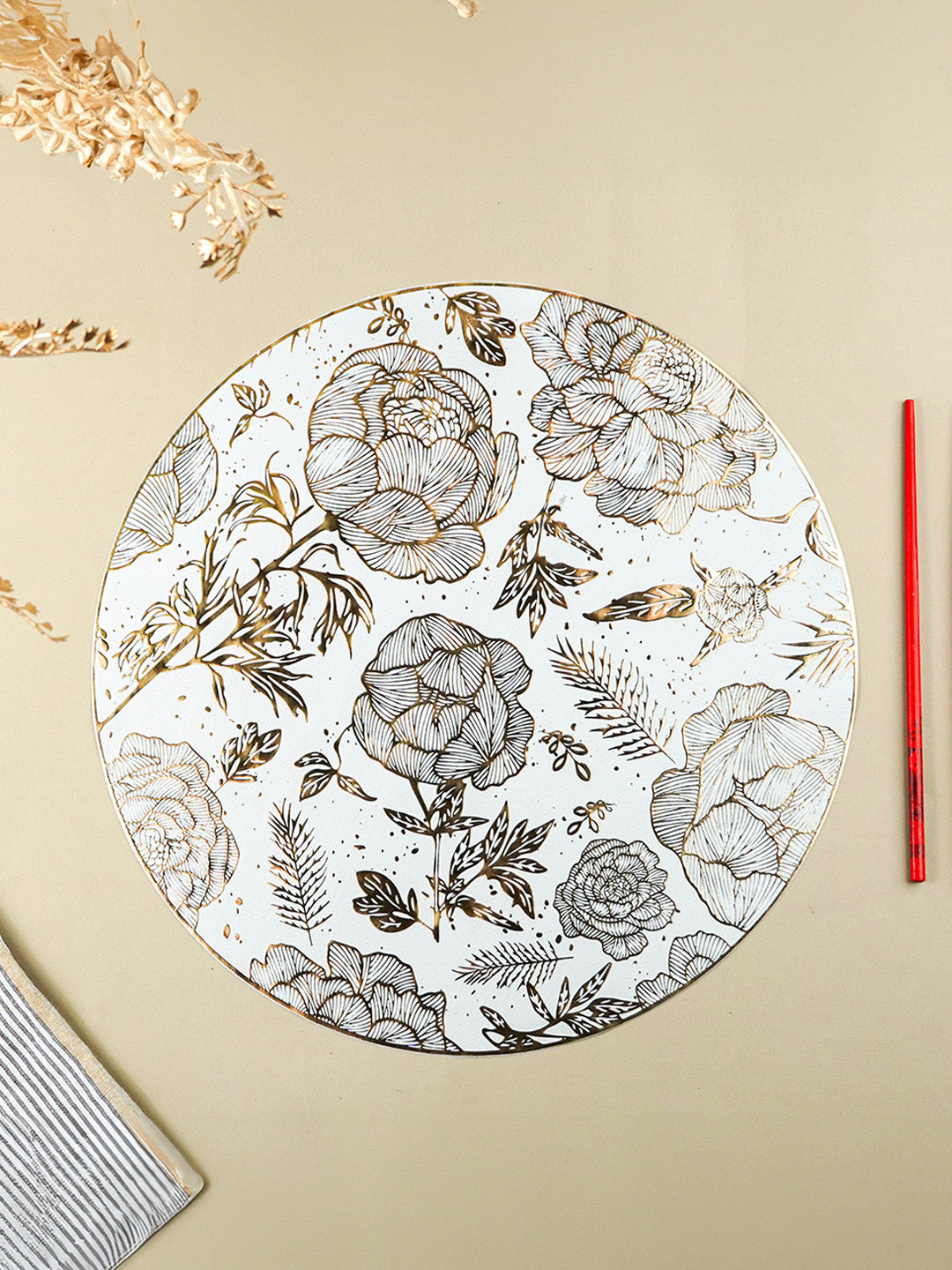 White & Gold Floral Table Mat with Botanical Illustration Main image