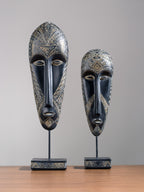 Black & Gold Tribal Mask Sculpture Set on Stand
