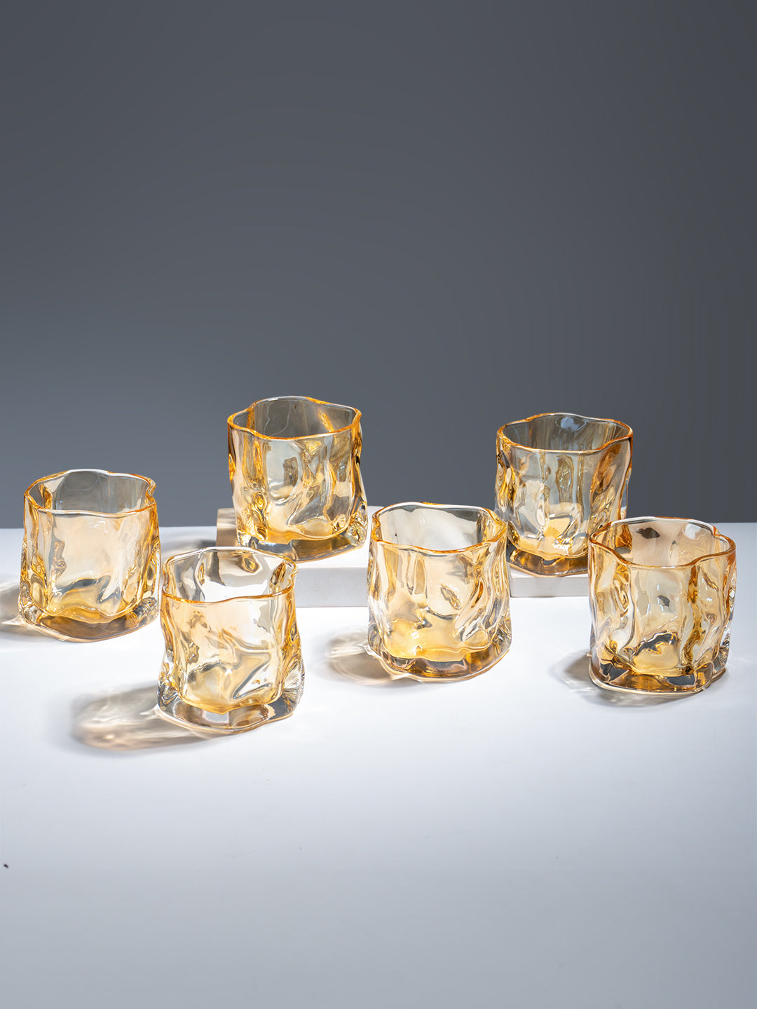 Amber-Colored Sculpted Glasses - Set of 6