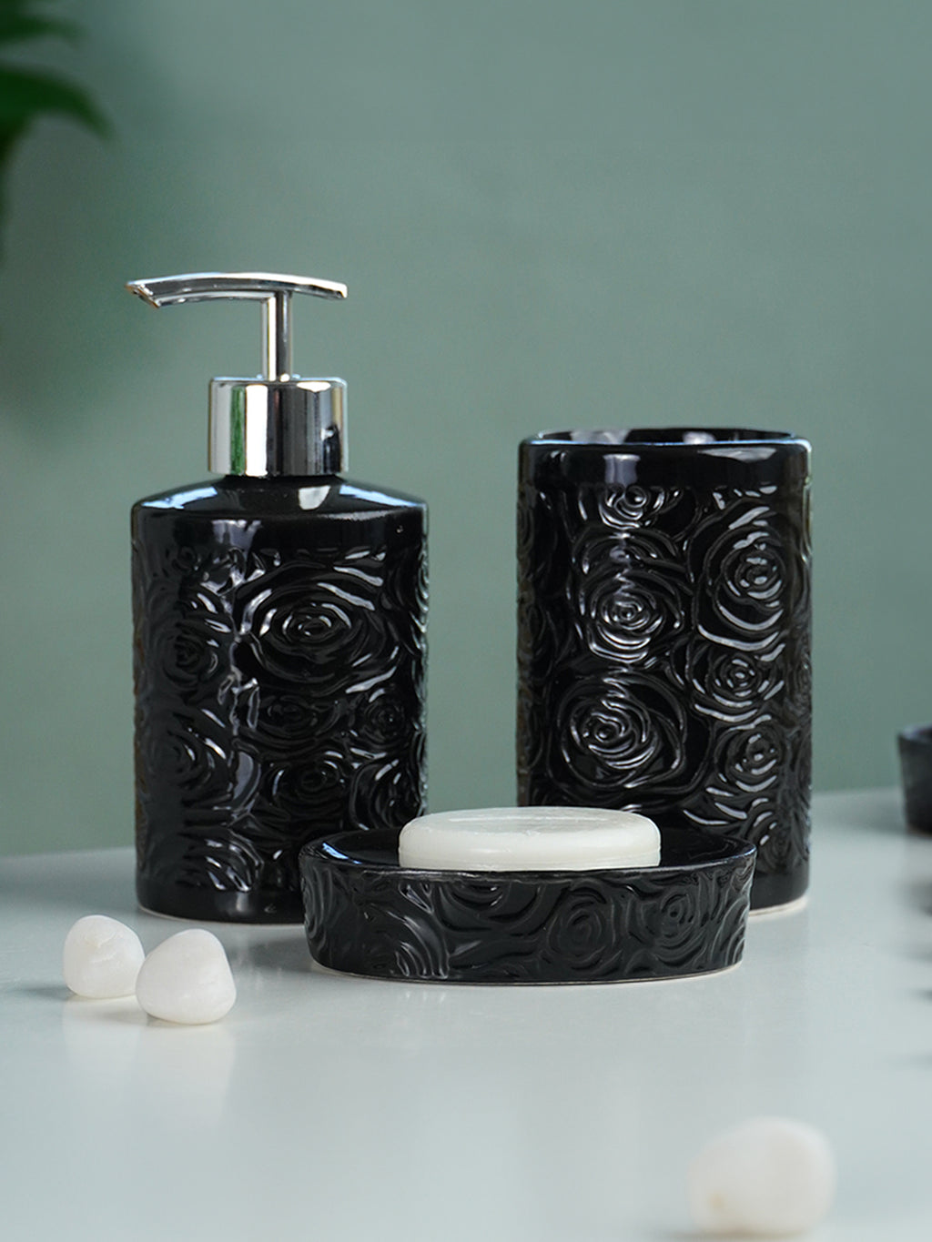 Black Embossed Rose Ceramic Bathroom Set of 3