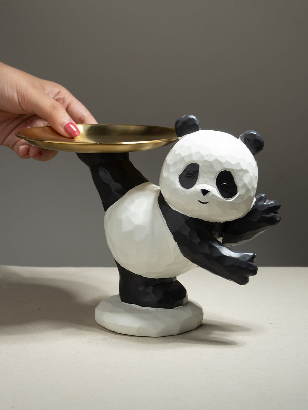 Black and White Panda Figurine with Gold Tray Holder
