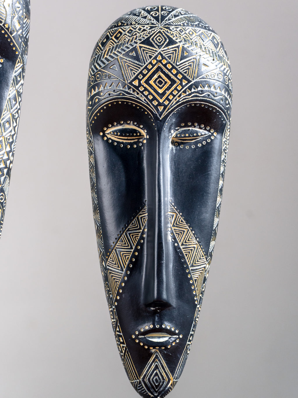 Black & Gold Tribal Mask Sculpture Set on Stand