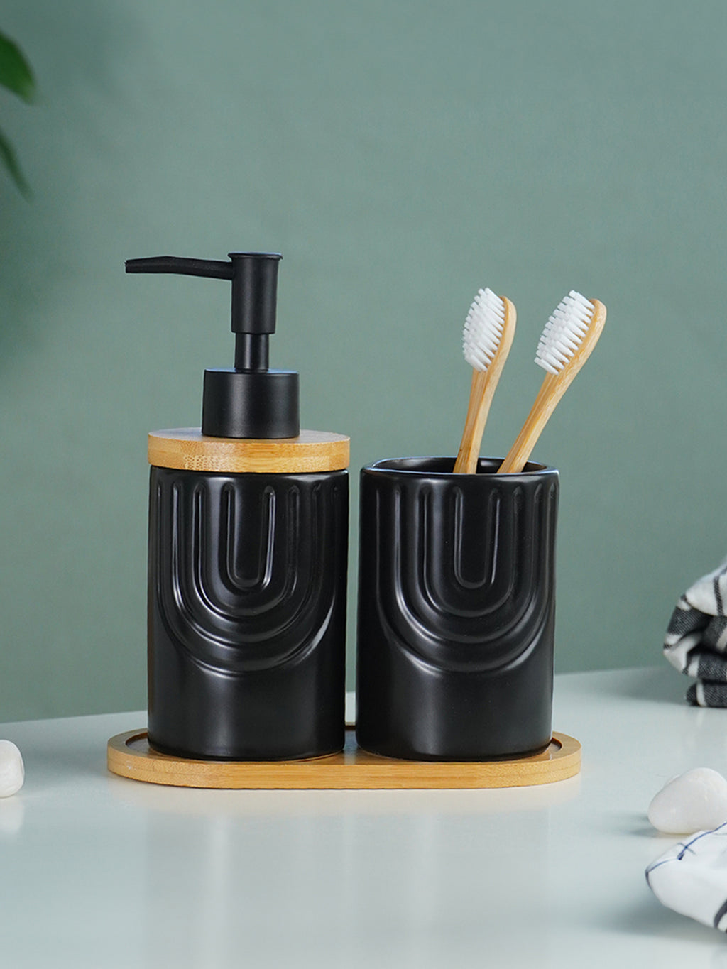 Black and Bamboo Ceramic Bathroom Set of 2