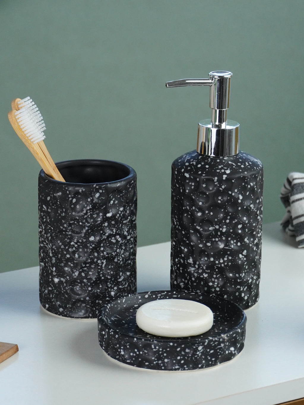 Black and White Speckled Ceramic Bathroom Set of 3