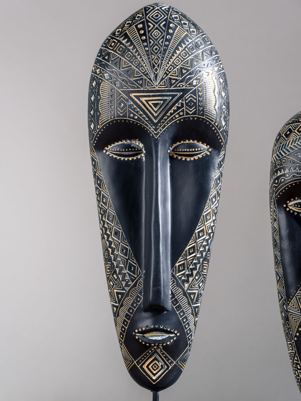 Black & Gold Tribal Mask Sculpture Set on Stand