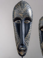 Black & Gold Tribal Mask Sculpture Set on Stand
