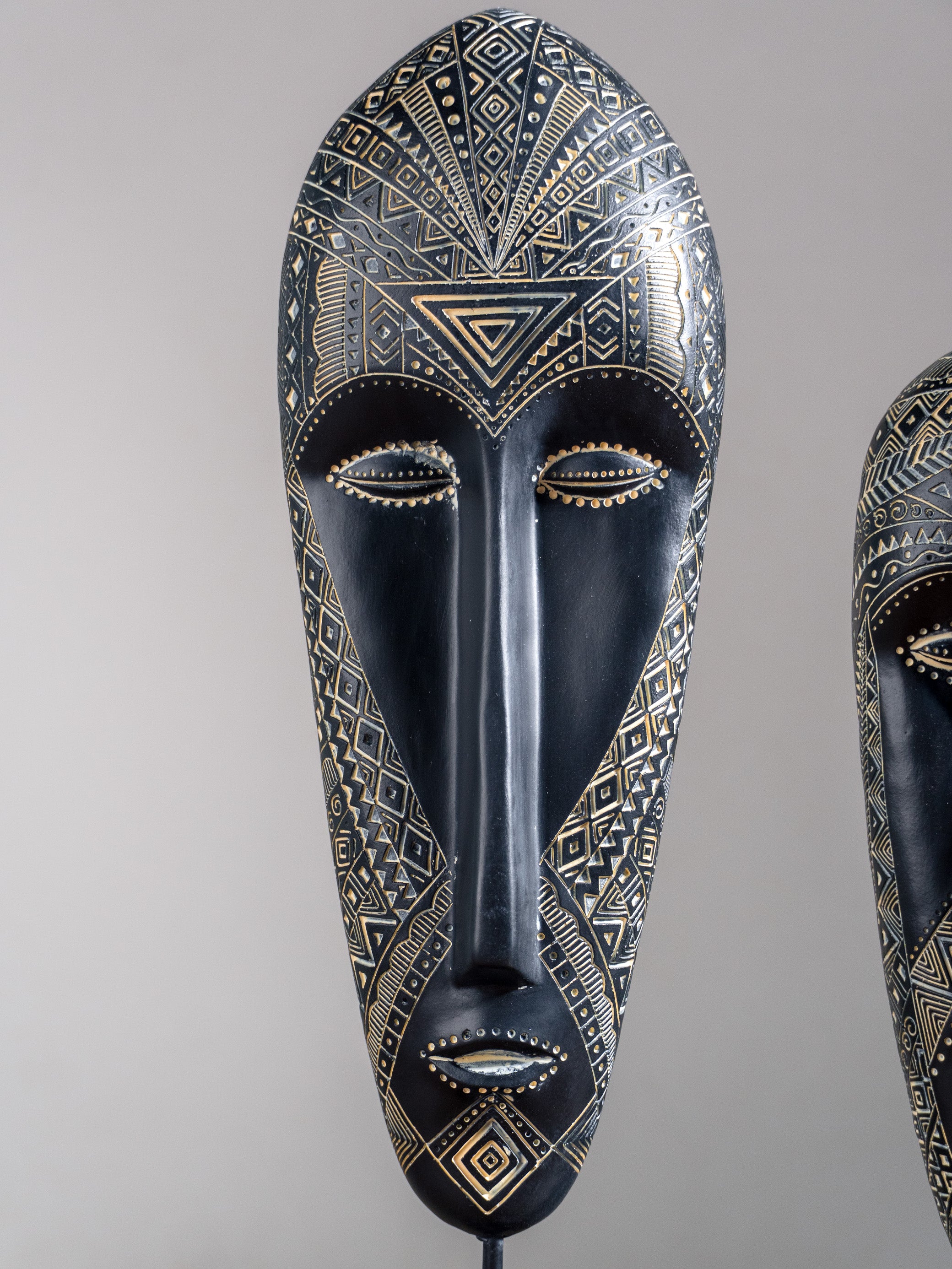 Black & Gold Tribal Mask Sculpture Set on Stand