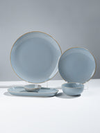 Light Blue Ceramic Dinner Set with Rustic Gold Rim Finish - Set of 19