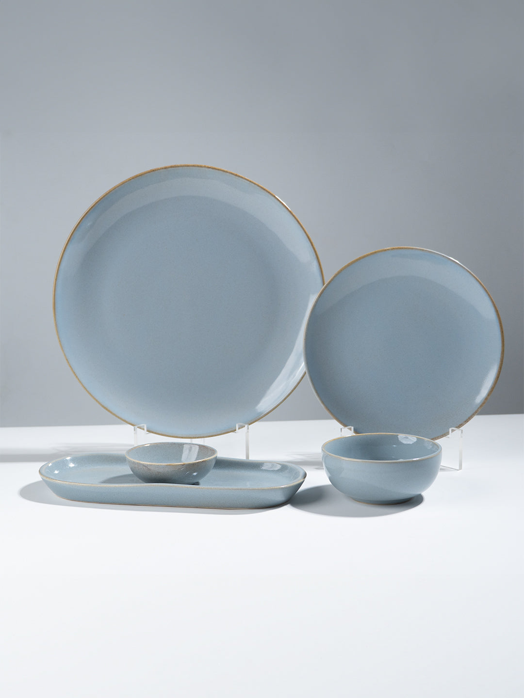 Light Blue Ceramic Dinner Set with Rustic Gold Rim Finish - Set of 19