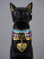 Black Egyptian Cat Statue with Golden Jewelry and Colorful Collar