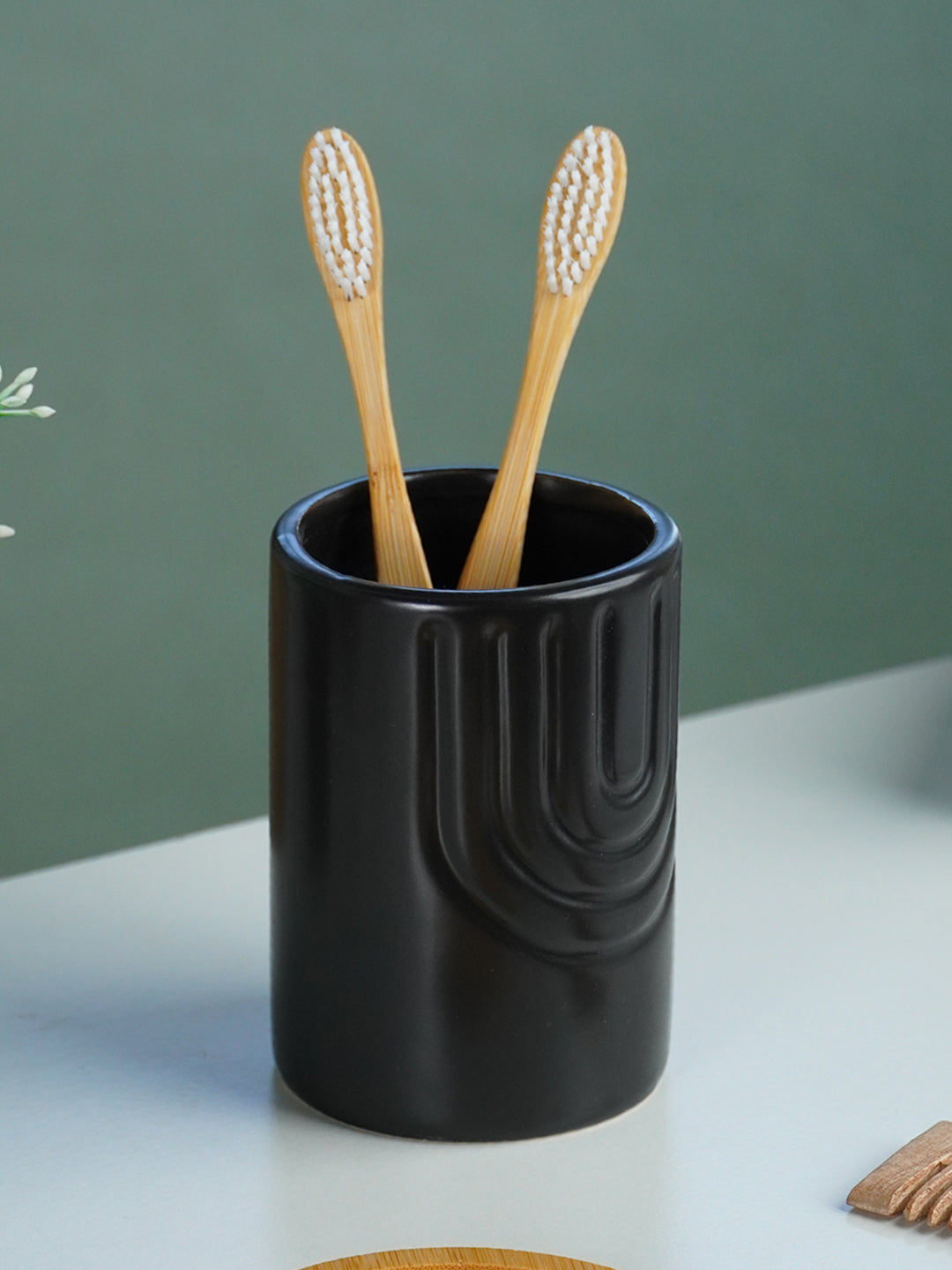 Black and Bamboo Ceramic Bathroom Set of 2
