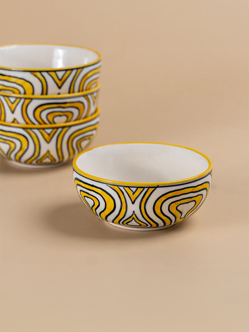 Hand-Painted Yellow Ceramic Bowls - Set of 4