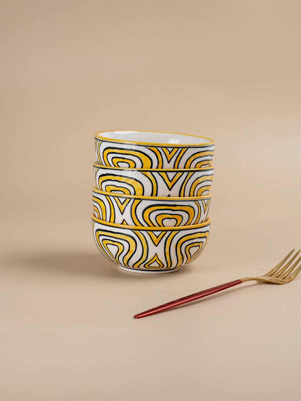 Hand-Painted Yellow Ceramic Bowls - Set of 4