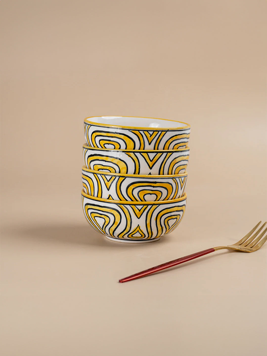 Hand-Painted Yellow Ceramic Bowls - Set of 4