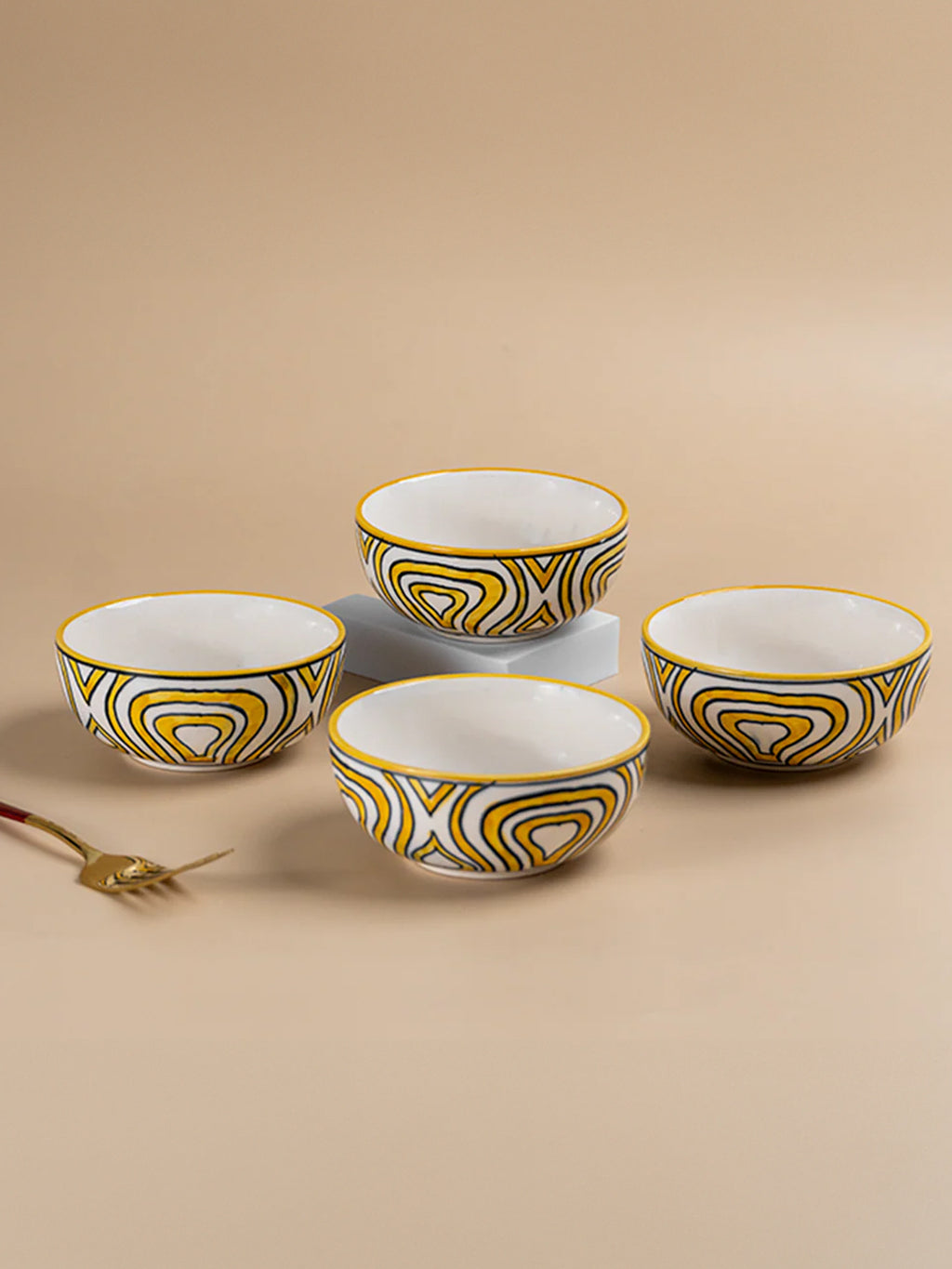 Hand-Painted Yellow Ceramic Bowls - Set of 4